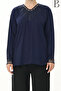 Dark Navy Blue Mother Combed Cotton Blouse with Tulle Detail on Collar and Sleeve End and Stone Embroidery