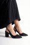 Women's Black Satin Fabric Asymmetrical Strap Pointed Toe Thick Heeled Shoes - 4