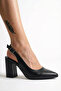 Women's Black Leather Asymmetrical Strappy Pointed Toe Chunky Heel Shoes - 7