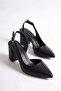 Women's Black Leather Asymmetrical Strappy Pointed Toe Chunky Heel Shoes