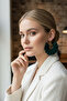 Women's Gold Color Hoop Dangle Earrings – Dark Green Fabric Beaded Design - 2