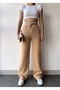 Women's Beige Fleece Lined Winter Lace Up High Waist Wide Leg Sweatpants - 3