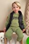 Donino Boys' Tracksuit Set Text Printed Square Micro Vest Set 2-5 Years Old, Khaki Green