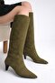 Women's Khaki Suede Heeled Pointed Toe Below-The-Knee Boots - 2