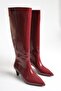 Women's Burgundy Patent Leather Heeled Pointed Toe Below-The-Knee Boots