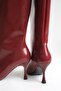 Women's Burgundy Patent Leather Thin Heel Pointed Toe Below the Knee Boots - 5