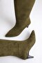 Women's Khaki Suede Heeled Pointed Toe Below-The-Knee Boots - 3