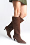 Women's Brown Suede Heeled Pointed Toe Below-The-Knee Boots - 5