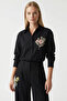Pure Linen Embroidered High Waist Loose Cut Black Trousers - 5