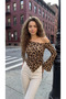 Leopard Long Sleeve Asymmetrical Neck Draped Side Tie Transitional Blouse Top - 2