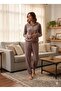 Women's Hooded Brown Color Velvet Long Sleeve Elastic Set - 2