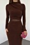 Long Sleeve Flexible Sandy Fabric Mock Neck Transparent Low-Cut Midi Length Brown Evening Dress 10957 - 8