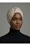 Crystal Butterfly Stone Embroidered Ribbed Lined Beige Ready-Made Turban Hijab Evening Dress Bonnet - 4