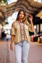 Beige Color Tasseled Collar Frilled Embroidered Blouse - 2