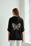 Women's Black Large Size Back Butterfly Embroidered Sleeve Fold Cotton Linen Fabric Shirt Jacket