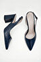 Women's Navy Blue Croco Asymmetrical Banded Pointed Toe Thick Heeled Shoes - 3