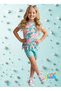 Short Sleeve Flamingo Printed Combed Cotton Laser Cut Fringed Girl's T-Shirt Shorts Summer Suit