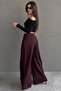Burgundy Draped Pocket Crepe Fabric Wide Leg Trousers Mg2668 - 5