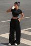 Women's Black Crop T-Shirt and High Waist Wide Leg Sweatpants Set Casual Daily Sports Combination