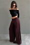 Burgundy Draped Pocket Crepe Fabric Wide Leg Trousers Mg2668 - 6