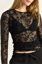 Women's Black Crew Neck Gathered Side Floral Patterned Transparent Tulle Blouse 6114 60283924 - 7