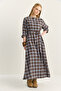 Women's Brown Blue Plaid Patterned Crew Neck Belted Flared Cotton Dress 5611 60283899 - 3