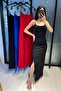 Chain Strap Side Slit Dress - Black Black - 4