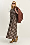 Women's Brown Beige Plaid Patterned Crew Neck Belted Flared Cotton Dress 5611 60283899 - 2