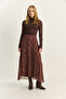 Women's Brown Green Square Patterned Pleated Lined Chiffon Skirt 60283903 - 2