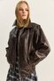 Women's Brown Stitching Detailed Lined Elastic Waist Pocketed Oversize Faux Leather Jacket 3173 60283894