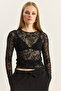 Women's Black Crew Neck Gathered Side Floral Patterned Transparent Tulle Blouse 6114 60283924 - 2