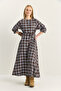 Women's Brown Blue Plaid Patterned Crew Neck Belted Flared Cotton Dress 5611 60283899 - 2