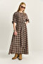 Women's Brown Beige Plaid Patterned Crew Neck Belted Flared Cotton Dress 5611 60283899 - 6