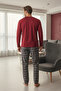 Men's Burgundy Anthracite Plaid Teddy Bear Printed Knitted Pajama Set 7959 - 3