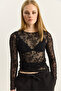 Women's Black Crew Neck Gathered Side Floral Patterned Transparent Tulle Blouse 6114 60283924 - 6
