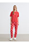 Red Crew Neck Printed Women's Pajamas Set - 2