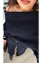 Navy Blue Asymmetrical Cut Madonna Collar Sweater - 5