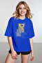 Women's Tie-Dye Patterned Floral Printed Crew Neck Cobalt Blue T-Shirt