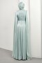 Mint Green Pleated Evening Dress with Stone Waist and Cape - 5