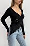 Women's Black Buckle Detailed Asymmetrical Blouse Nj55