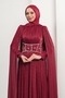 Burgundy Pleated Evening Dress with Stone Cape - 2