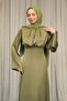 Dark Oil Green Shoulders Shoulder Pad Satin Evening Dress - 2
