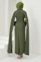Dark Oil Green Pearl Detailed Cape Evening Dress - 5