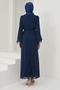 Navy Blue Sprinkled Stone Evening Dress with Tug Detail on the Sleeves - 5