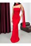 Red Bow Detailed Scarf Strapless Evening Dress - 5