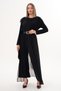 Women's Black Elastic Waist Full Lycra Tulle Detail Oversized Loose Pants Jumpsuit Dress - 2
