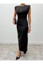 Slit Black Sleeveless Long Dress with Lace Detail at Waist