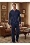 Men's New Season Navy Blue Crew Neck Long Sleeve Special Design 100% Cotton Pajama Set - 3