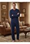 Men's New Season Navy Blue Crew Neck Long Sleeve Special Design 100% Cotton Pajama Set - 7