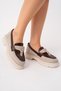 Nerina Model Leather and Buckle Detailed Brown Linen Women's Loafer Casual Shoes - 6